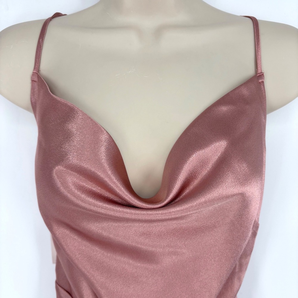 Birdy Grey Lisa Long Satin Dress Desert Rose Cowl Neck Maxi Slit Sz S